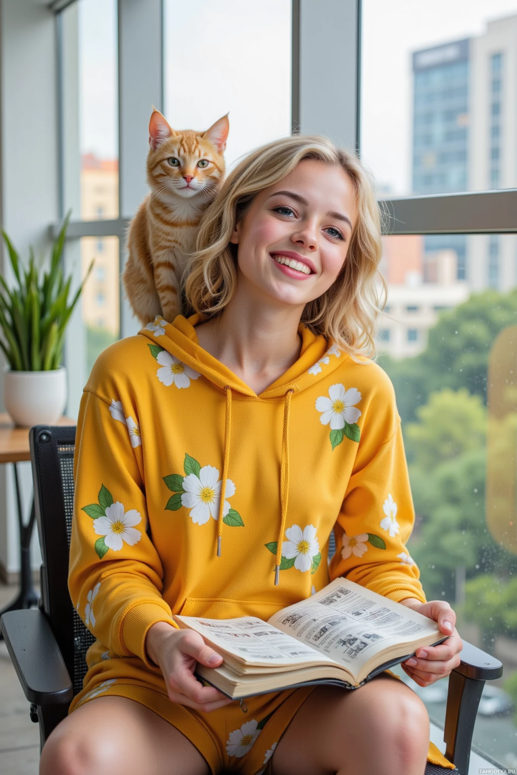 A person in a yellow floral hoodie sits in a chair, holding an open book, with a cat perched on their shoulder.