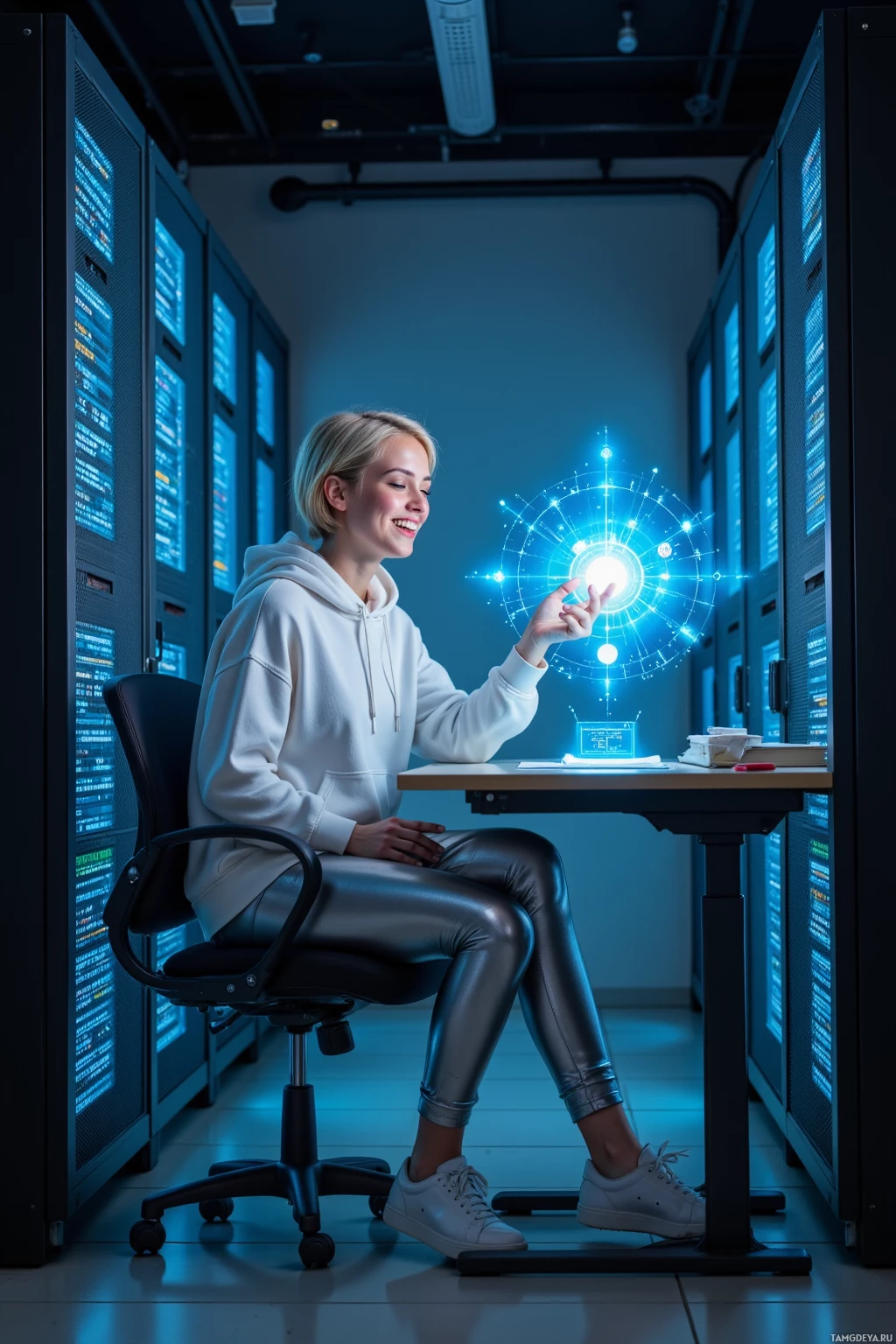 A person in casual attire is seated at a desk in a server room, interacting with a glowing holographic interface.
