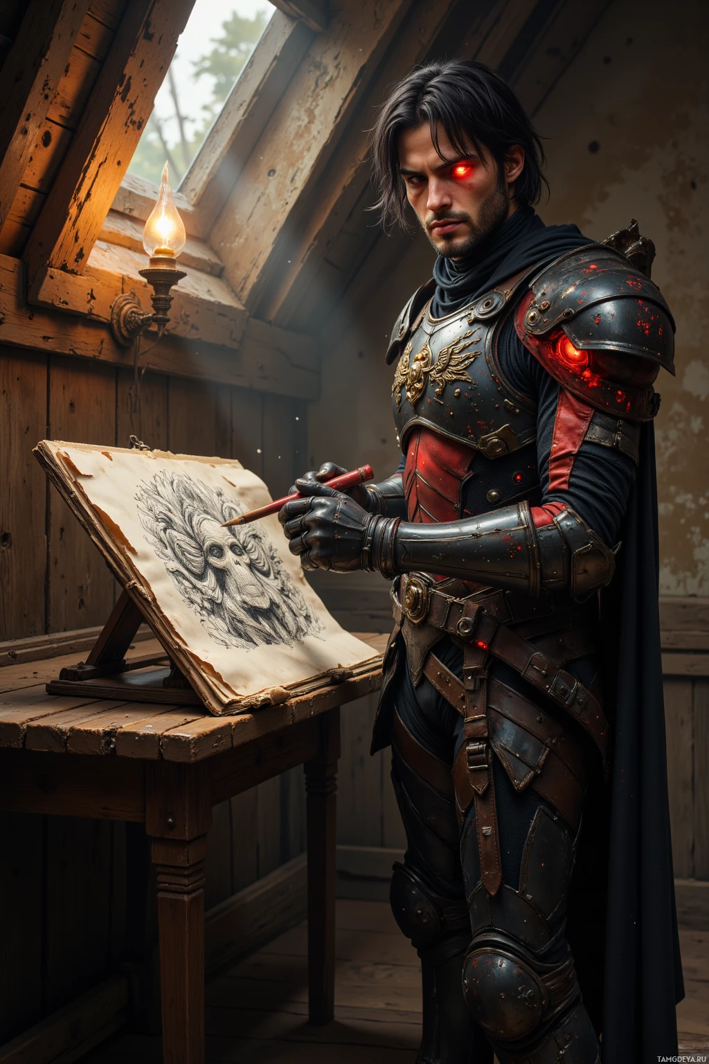 A person in detailed armor draws a sketch of a creature in a rustic setting.