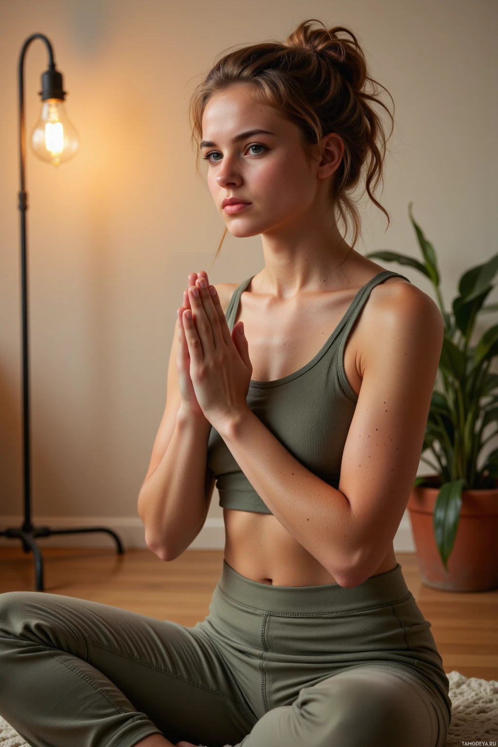 A woman in a green yoga outfit is sitting in a meditative pose with her hands clasped in front of her.