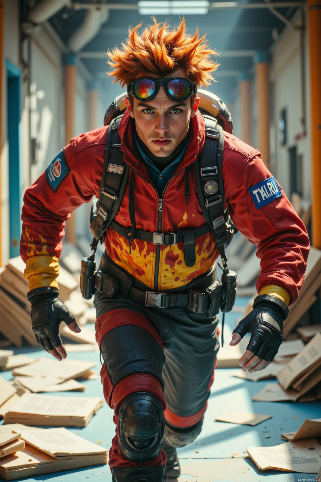 A person in a red and black outfit with a backpack and goggles is crouching in a hallway.