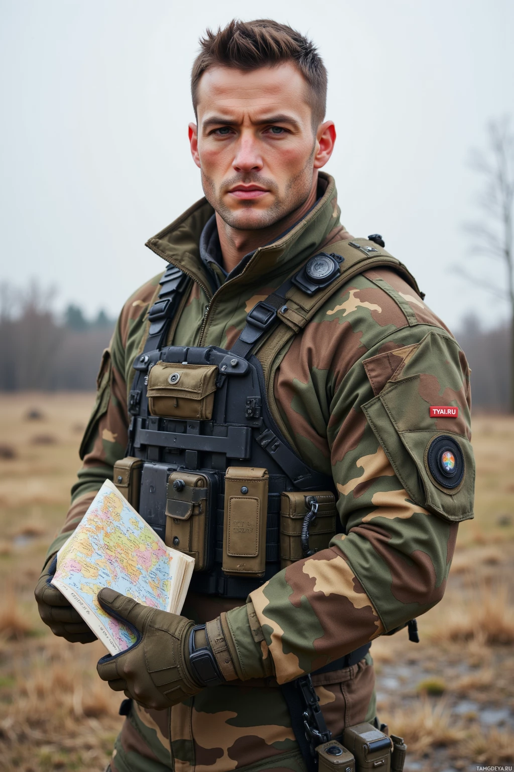 A soldier in camouflage uniform holds a map and wears tactical gear.