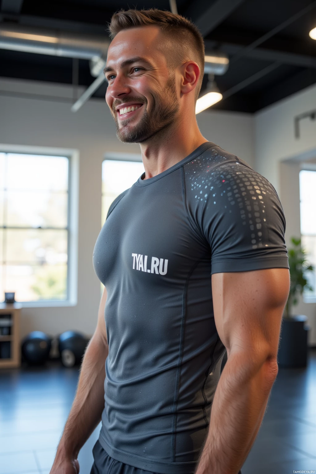 A man in a gym smiles while wearing a fitted athletic shirt with "TYAL.RU" printed on it.