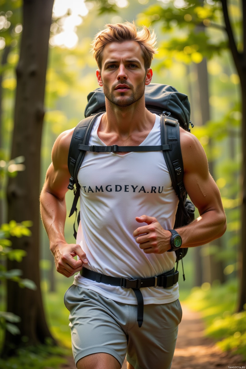 A man in athletic attire is hiking through a forest with a backpack and a watch on his wrist.