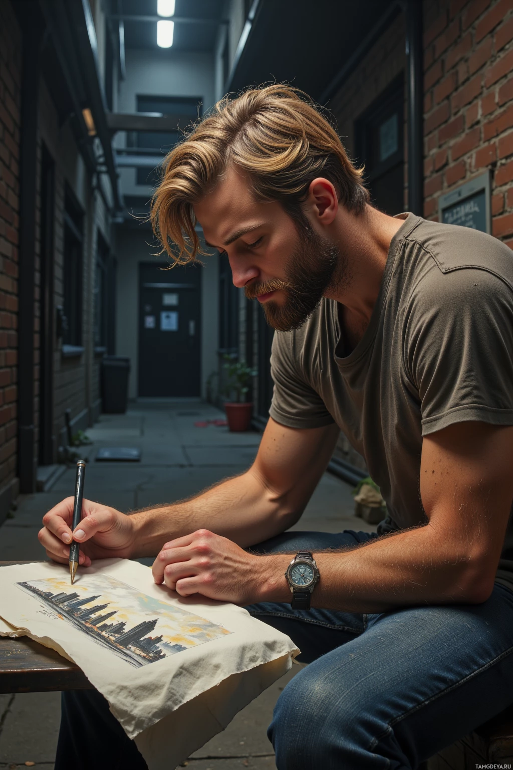 A person is sketching a cityscape on a piece of paper in an alleyway.