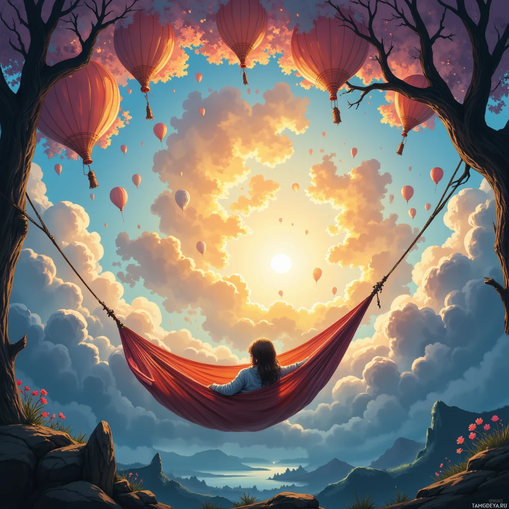A serene scene of a person relaxing in a hammock under a sky filled with hot air balloons and fluffy clouds.