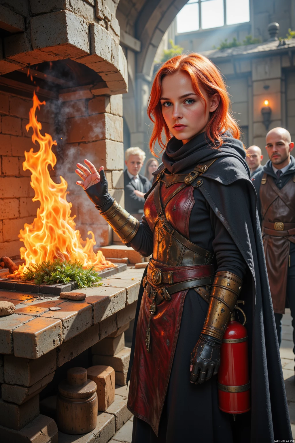 A person in a medieval-style outfit stands near a fire, with others in the background.