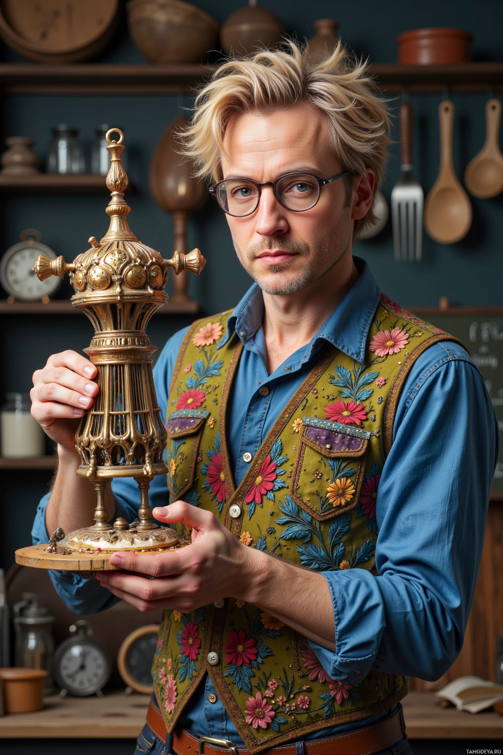 A man in a floral vest holds an ornate golden object in a kitchen setting.