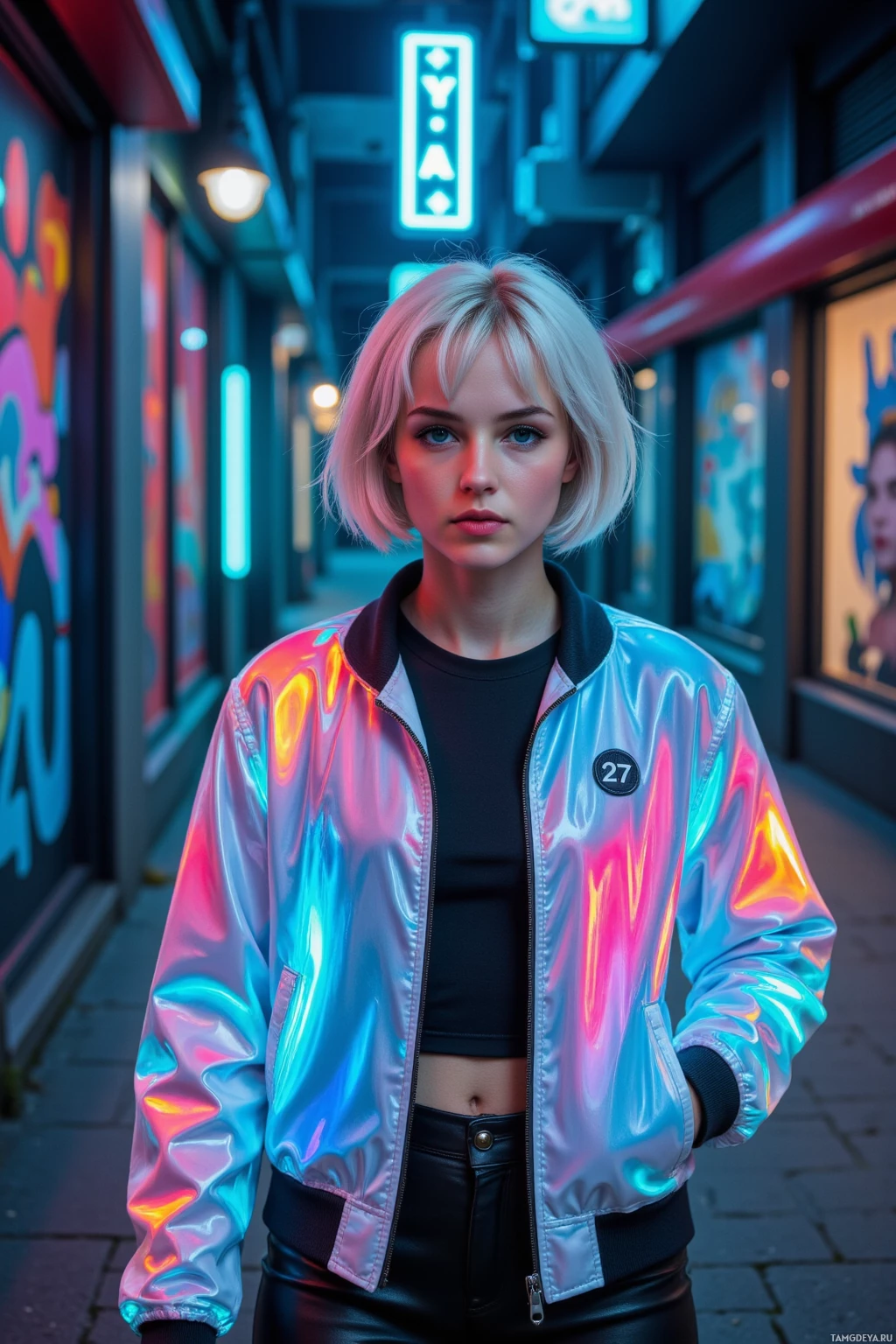 A person stands in an urban alleyway wearing a reflective jacket and black pants under neon lights.