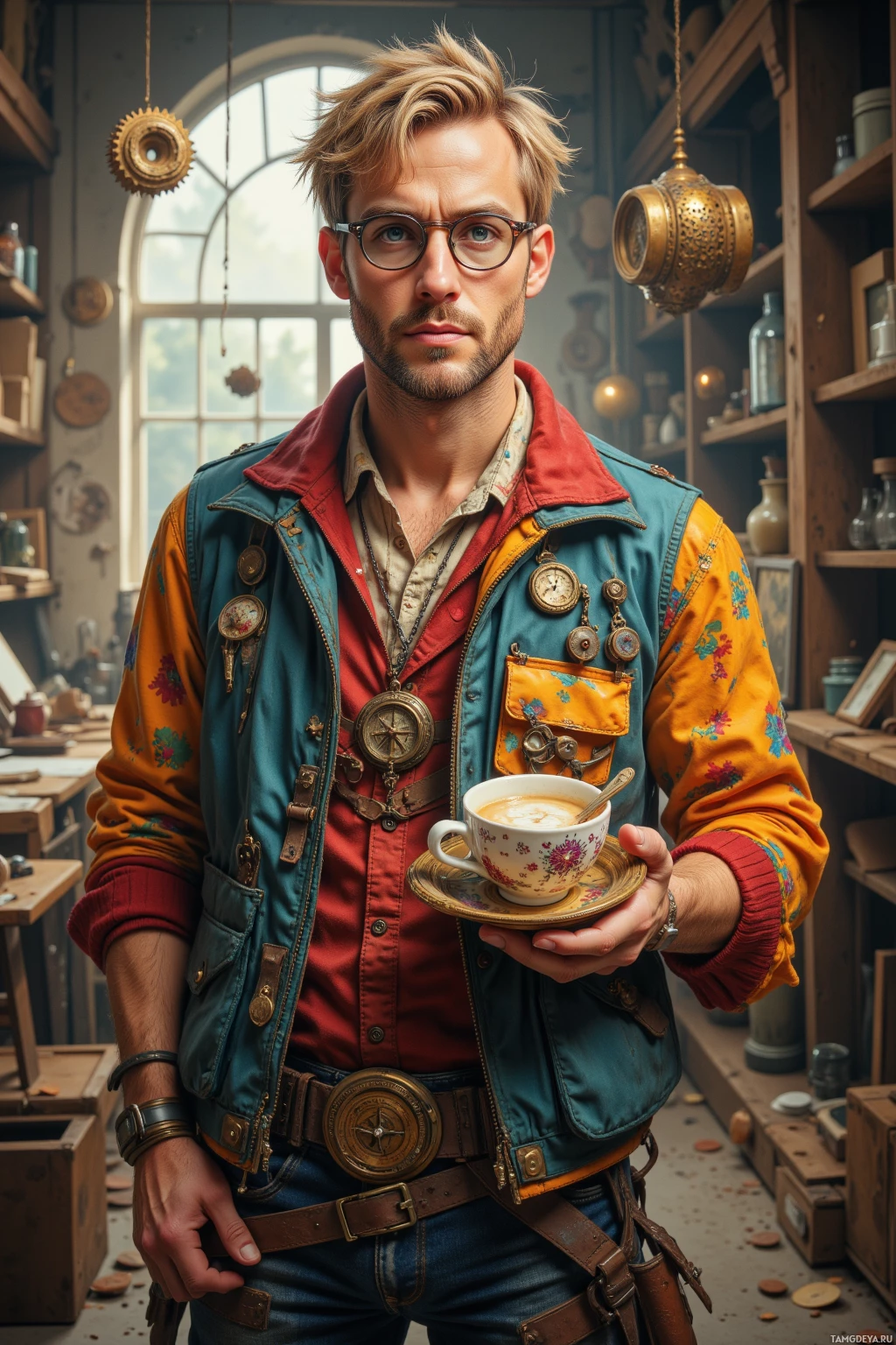 A person in a colorful, vintage-inspired outfit holds a cup of coffee in a cozy, cluttered room.