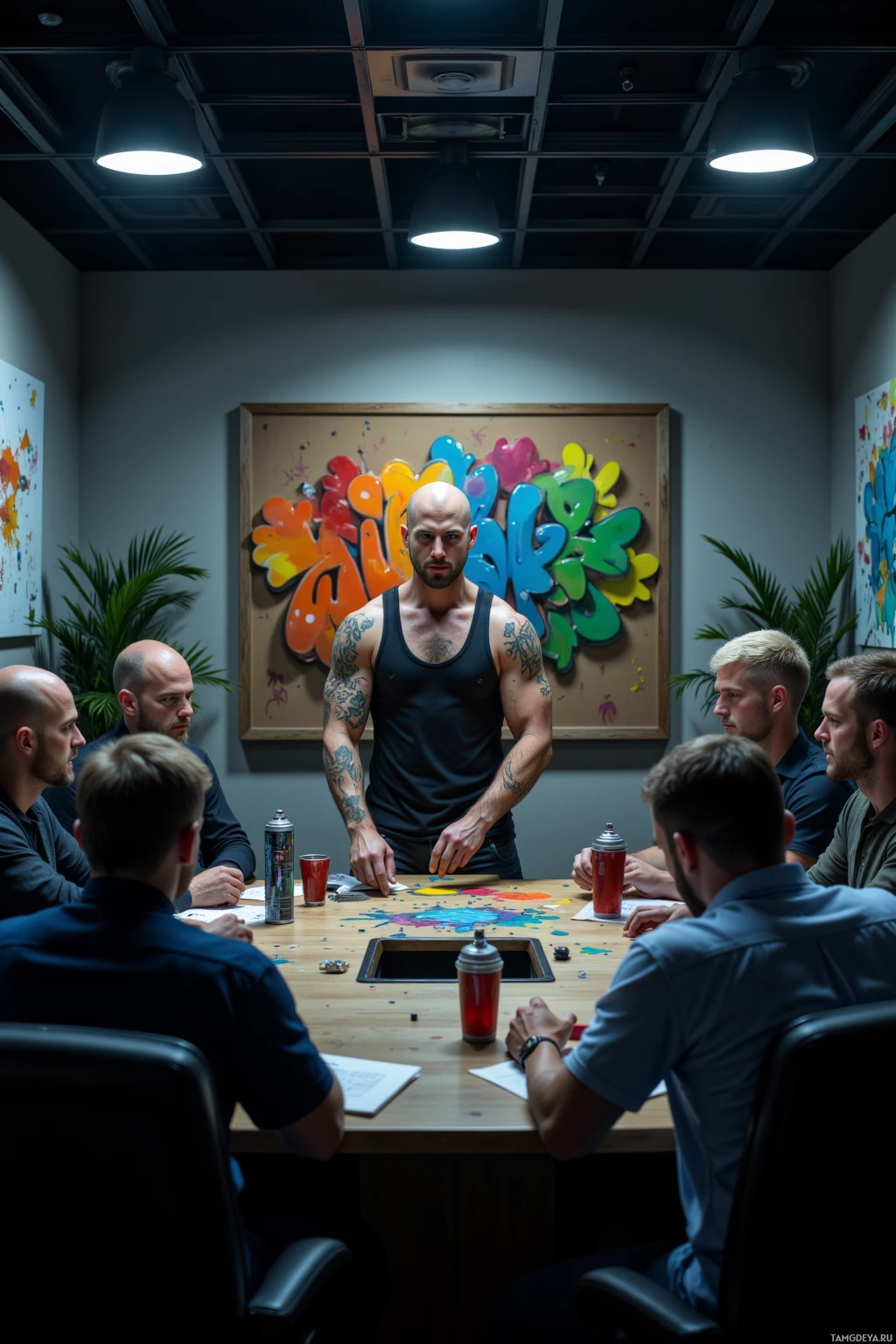 A group of men is gathered around a table in an office setting with colorful artwork on the wall behind them.