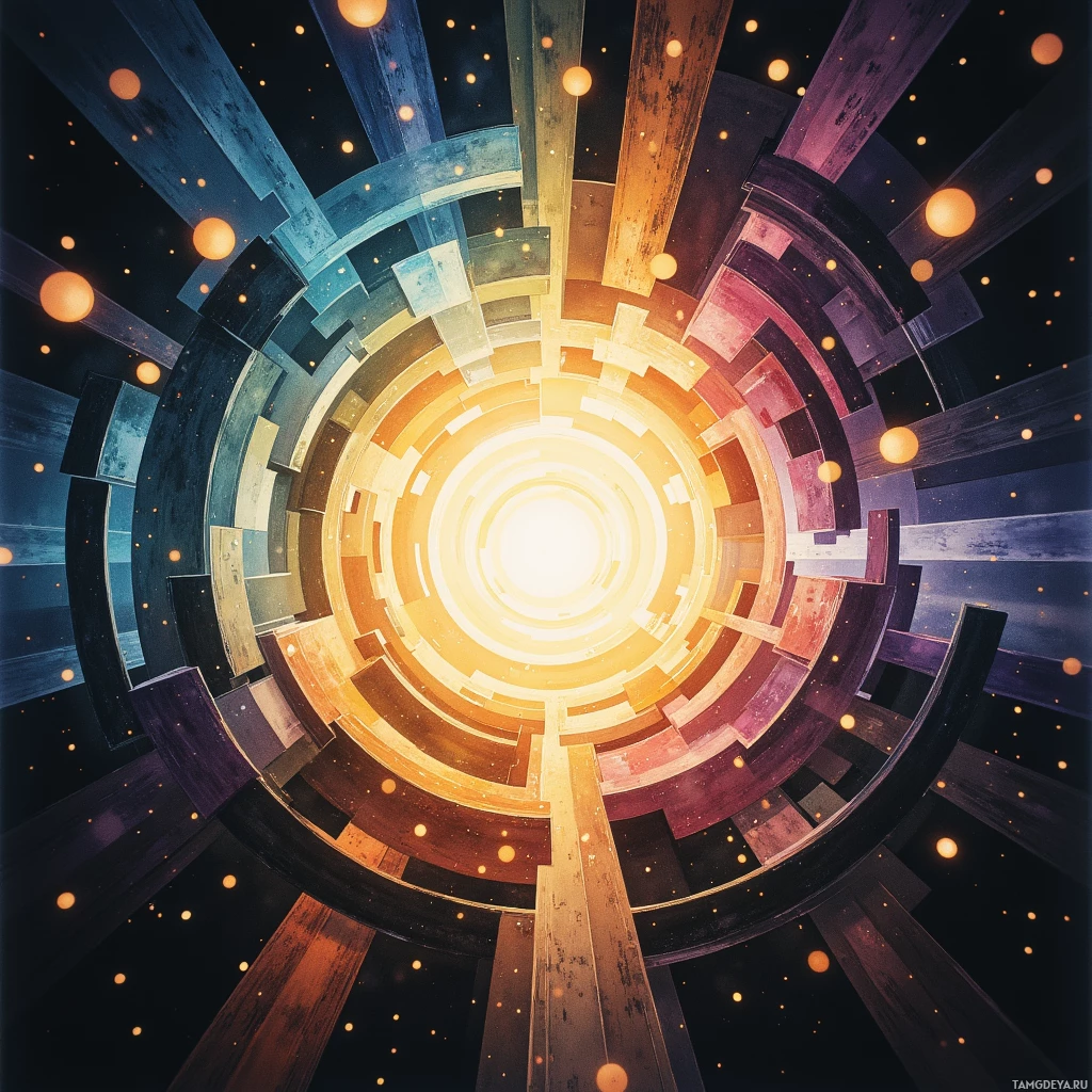 A vibrant circular structure with radiating beams and glowing orbs against a dark background.