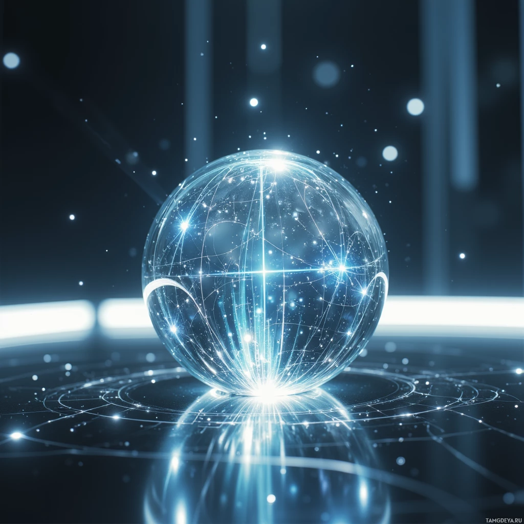 A glowing, transparent sphere with intricate network lines and bright light points against a dark, futuristic background.