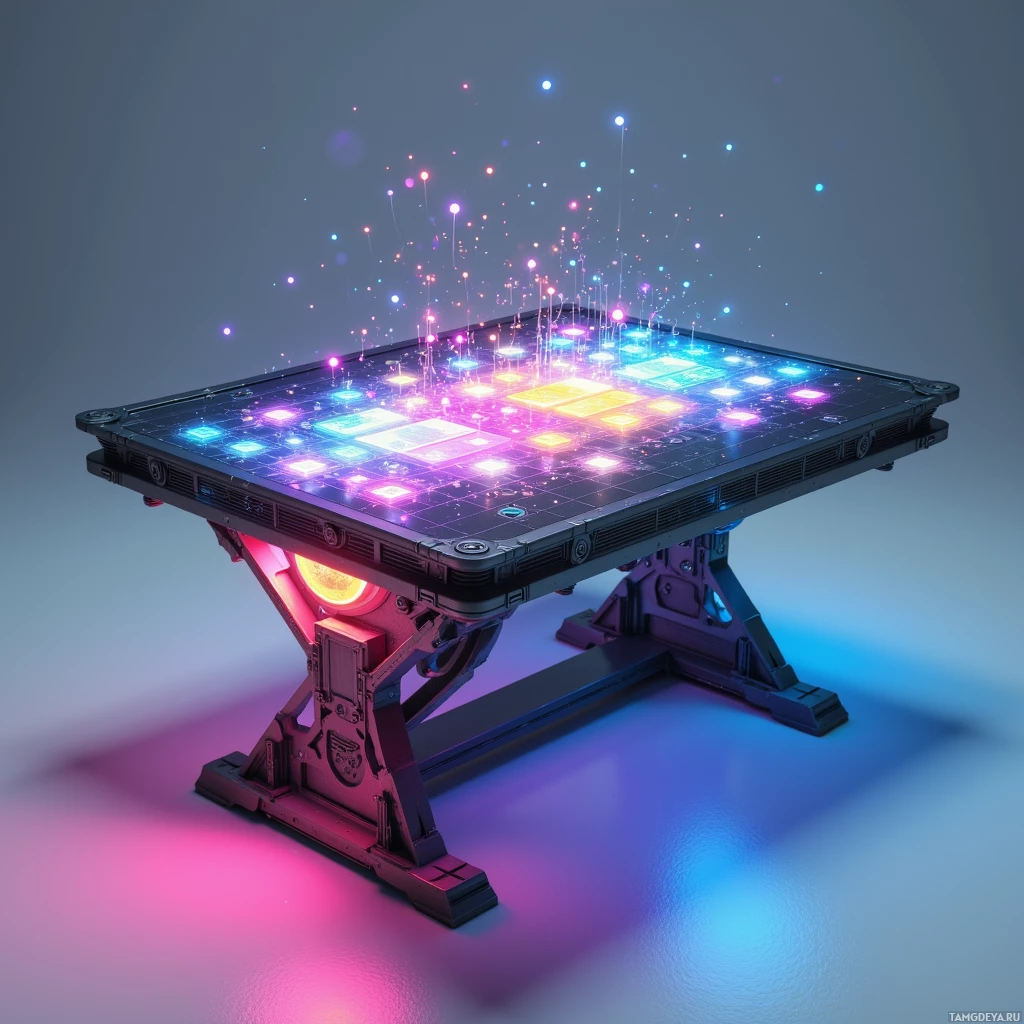 A futuristic table with glowing, colorful patterns and particles emanating from its surface.