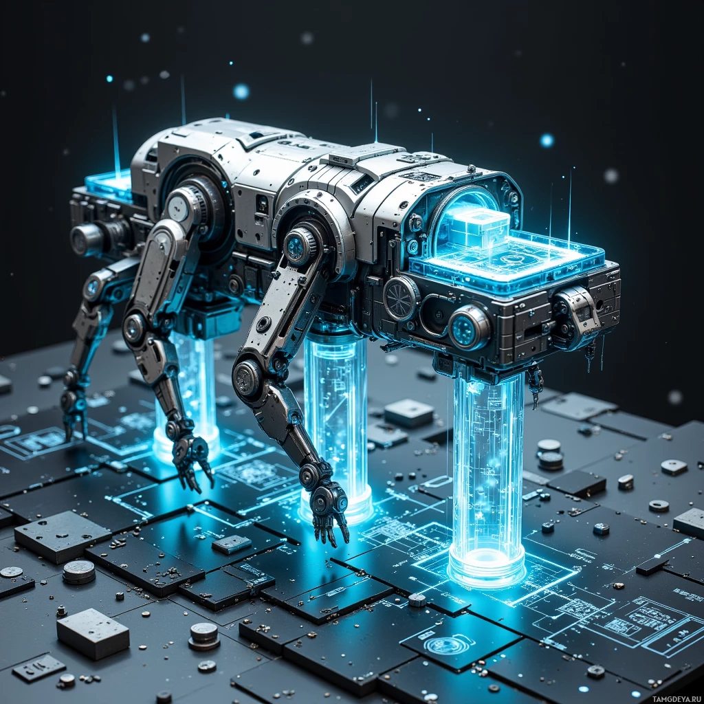 A futuristic robot with glowing blue elements stands on a circuit board.