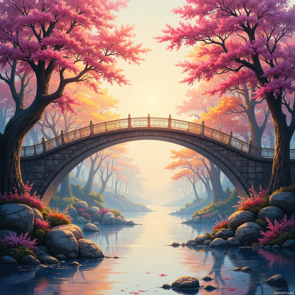 A serene scene featuring a stone bridge over a calm river, surrounded by trees with vibrant pink blossoms and rocks along the riverbank.