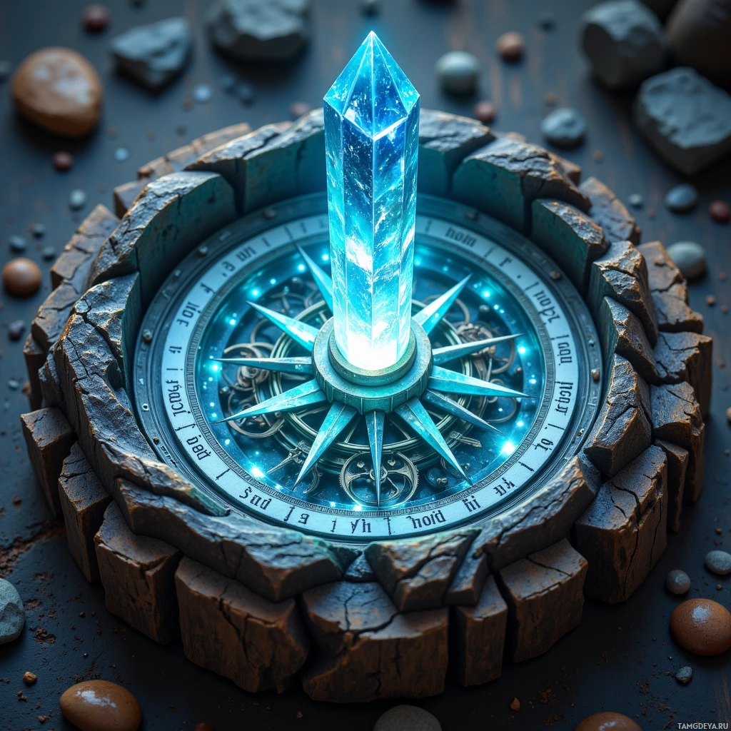 A glowing crystal sits atop a compass surrounded by rocks.