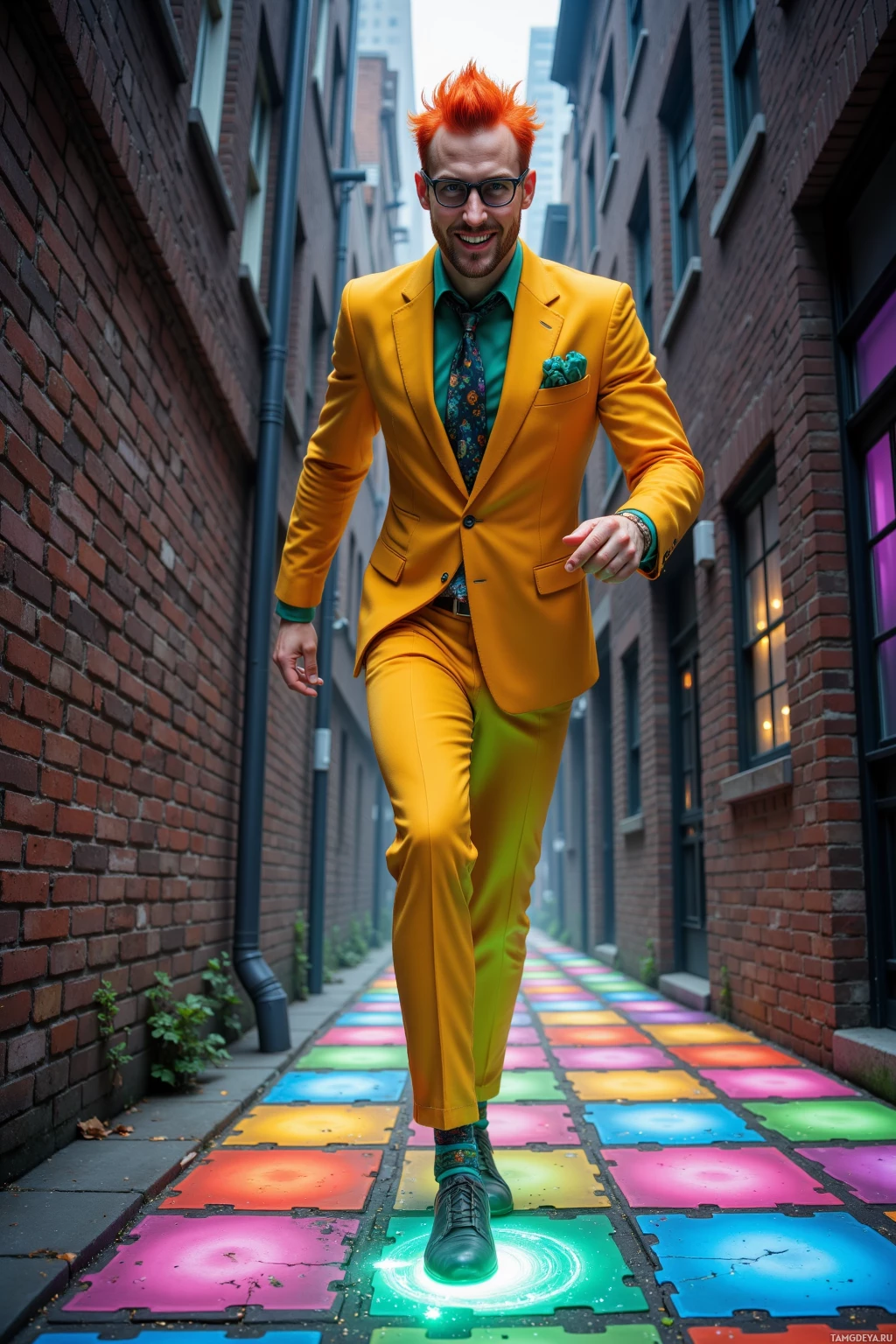 A person in a vibrant yellow suit walks on colorful tiles in an alleyway.