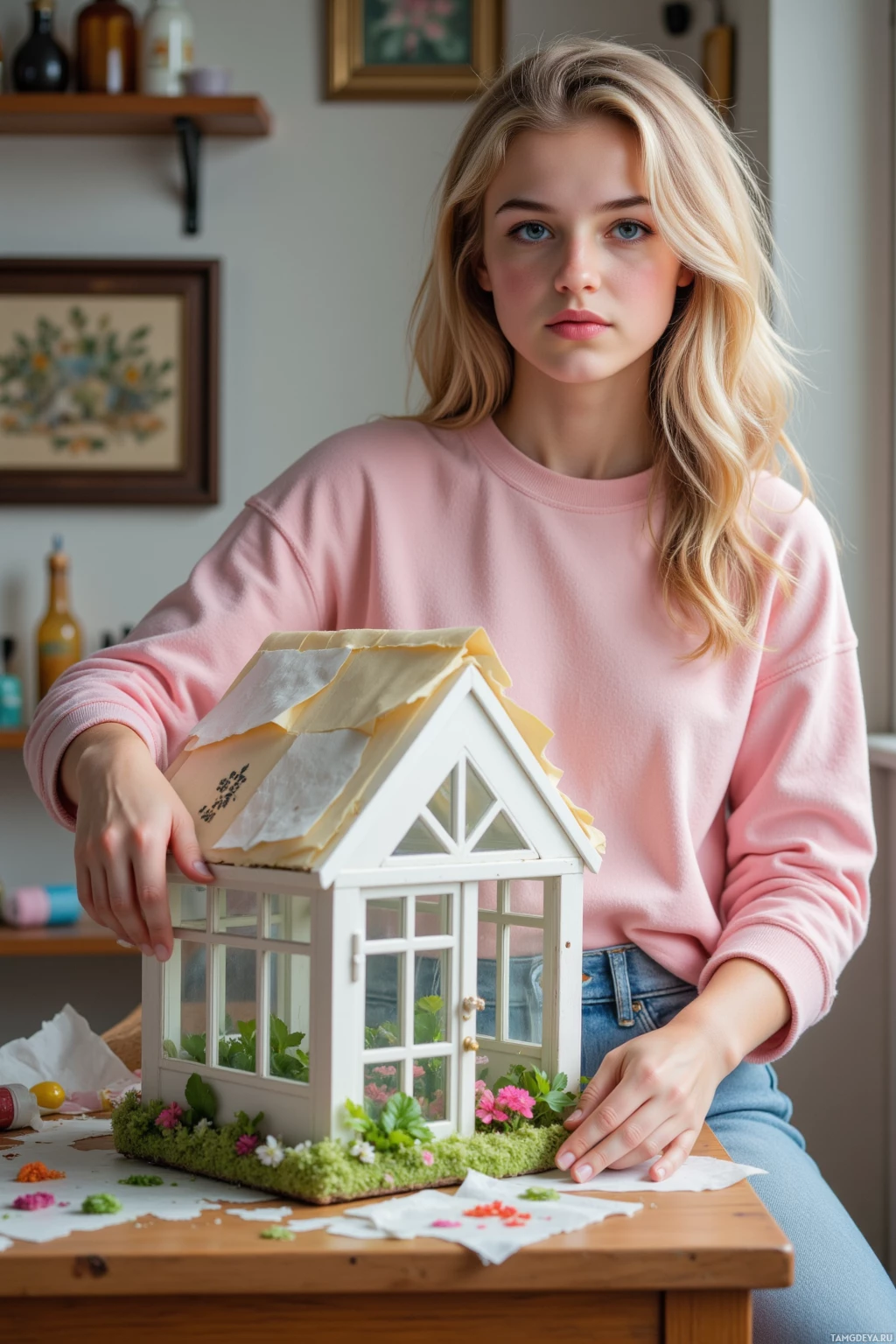 A person in a pink sweatshirt is working on a miniature house with plants inside and moss around it.