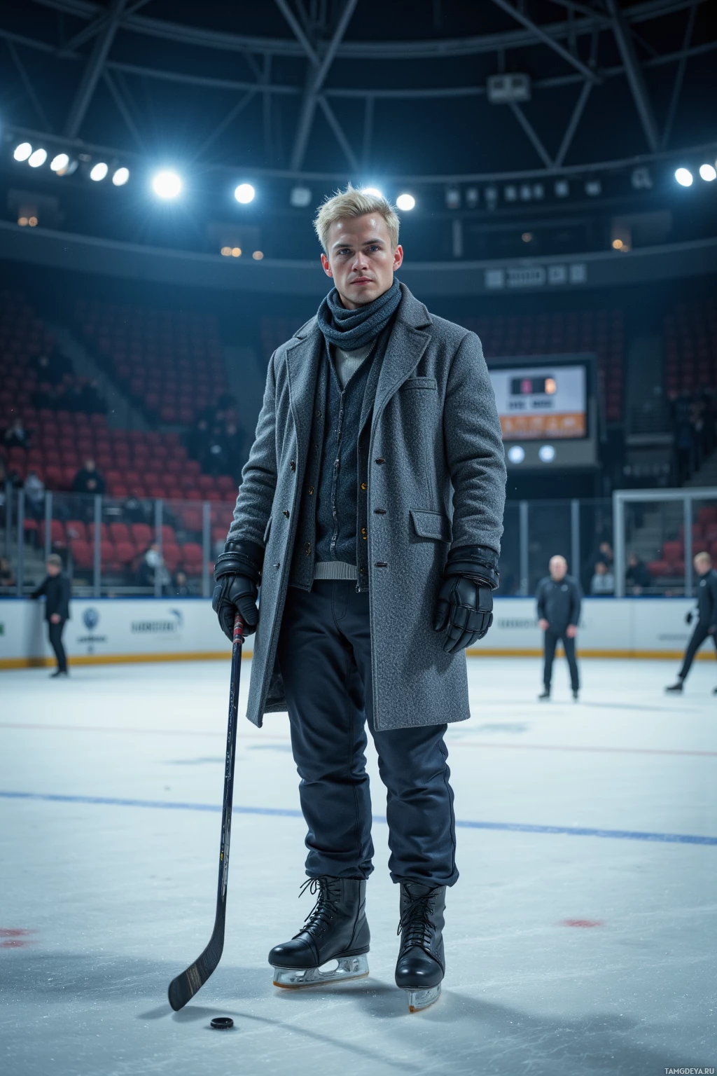 A person stands on an ice rink holding a hockey stick, dressed in a long coat and gloves.