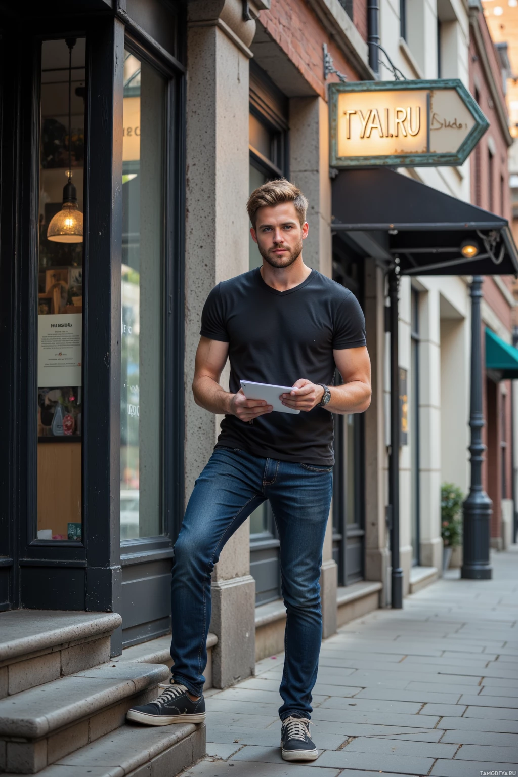 A man stands on a sidewalk holding a tablet, leaning against a storefront.