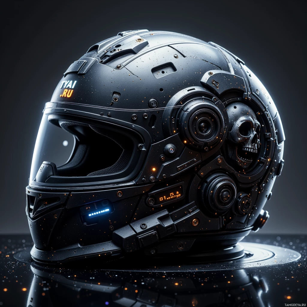 A futuristic helmet with glowing elements and a skull design on its side is displayed against a dark background.