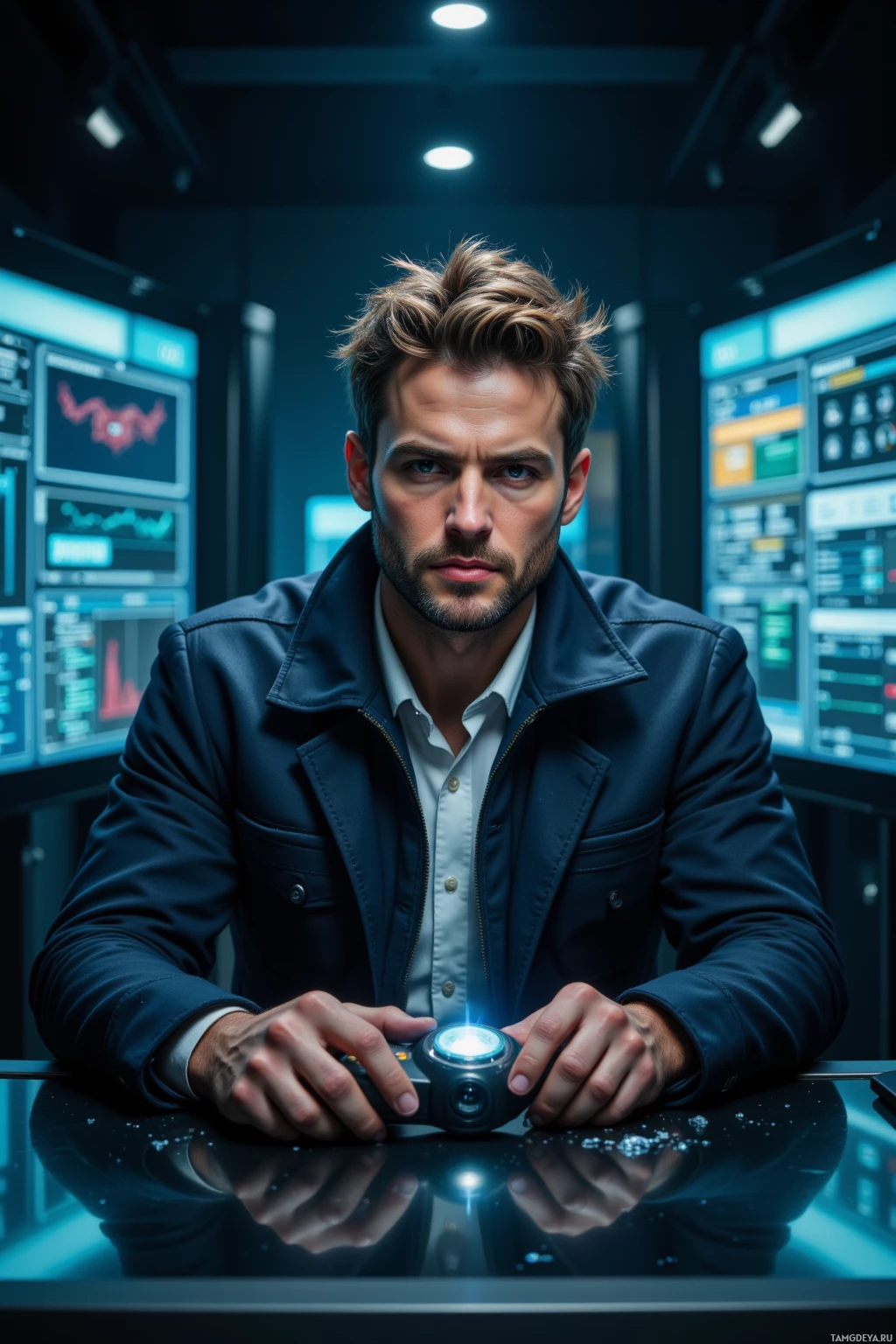 A person in a dark jacket and white shirt is seated at a table with a futuristic device emitting light.