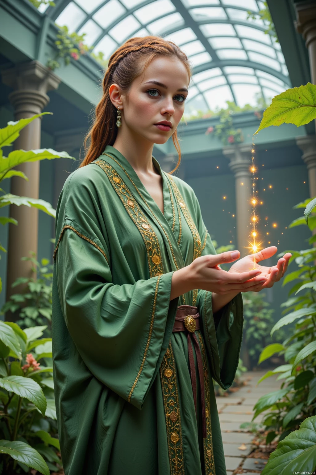 A person in an ornate green robe stands amidst lush plants, holding out their hands with glowing light descending from above.