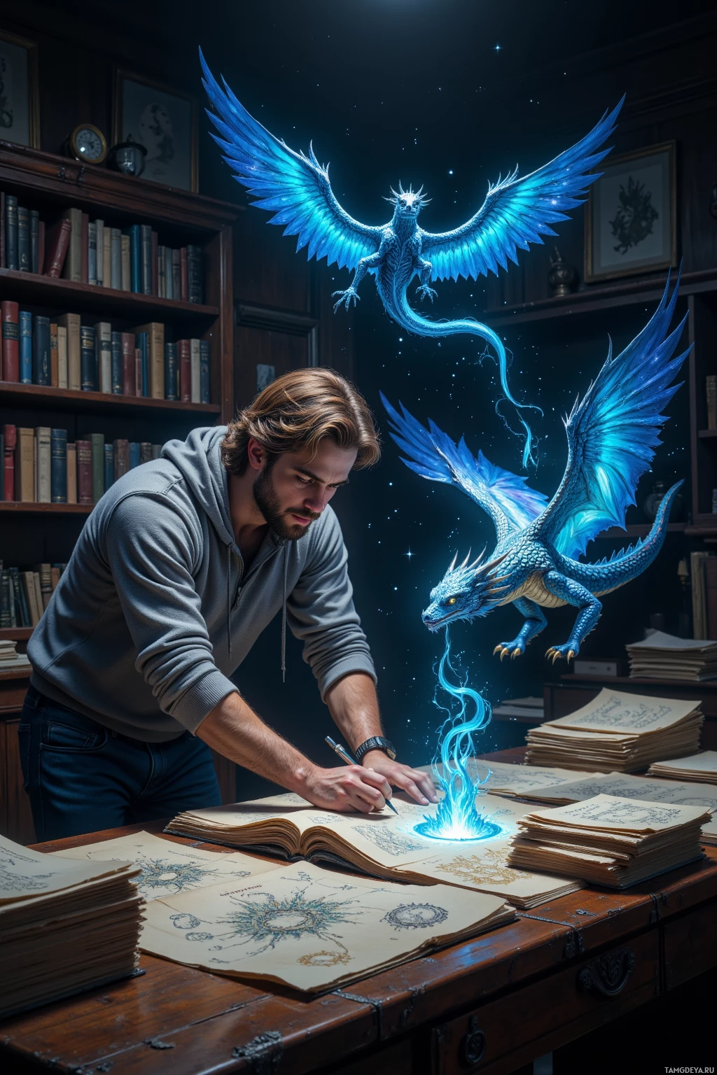 A man is writing in an open book with two glowing blue dragons hovering above him and a magical light emanating from his hand.