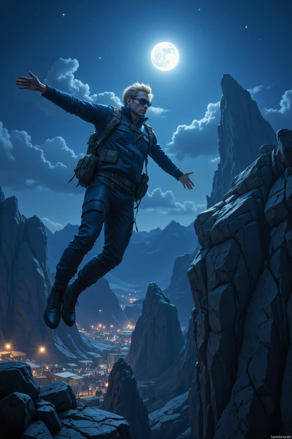 A person in a blue outfit is suspended mid-air against a backdrop of a night sky with a full moon and mountainous terrain.