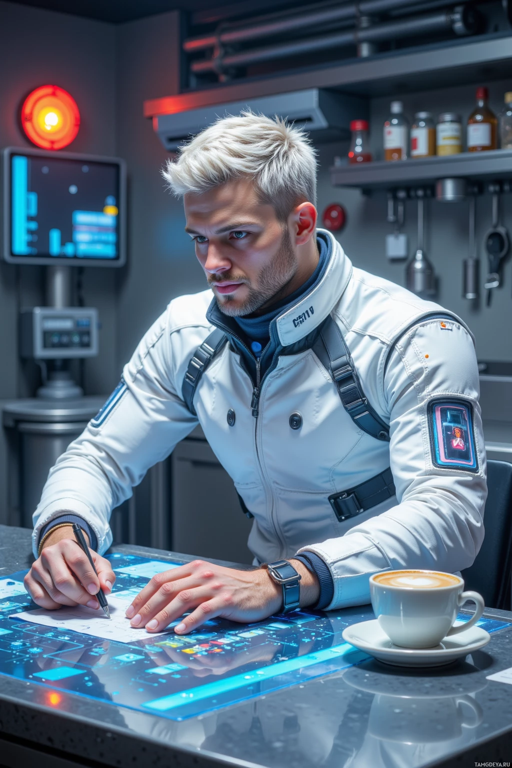 A person in a futuristic white jacket works at a high-tech desk with a digital interface, surrounded by modern equipment and a cup of coffee.