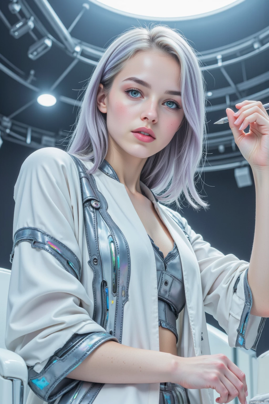 A person with light-colored hair and a futuristic outfit is seated in a modern setting.