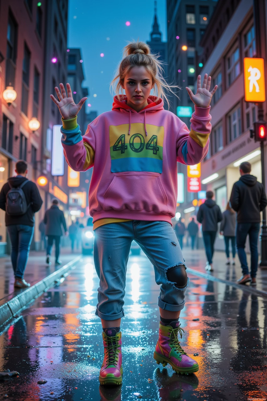 A person stands on a wet city street at dusk, wearing a colorful hoodie and boots, with their hands raised.