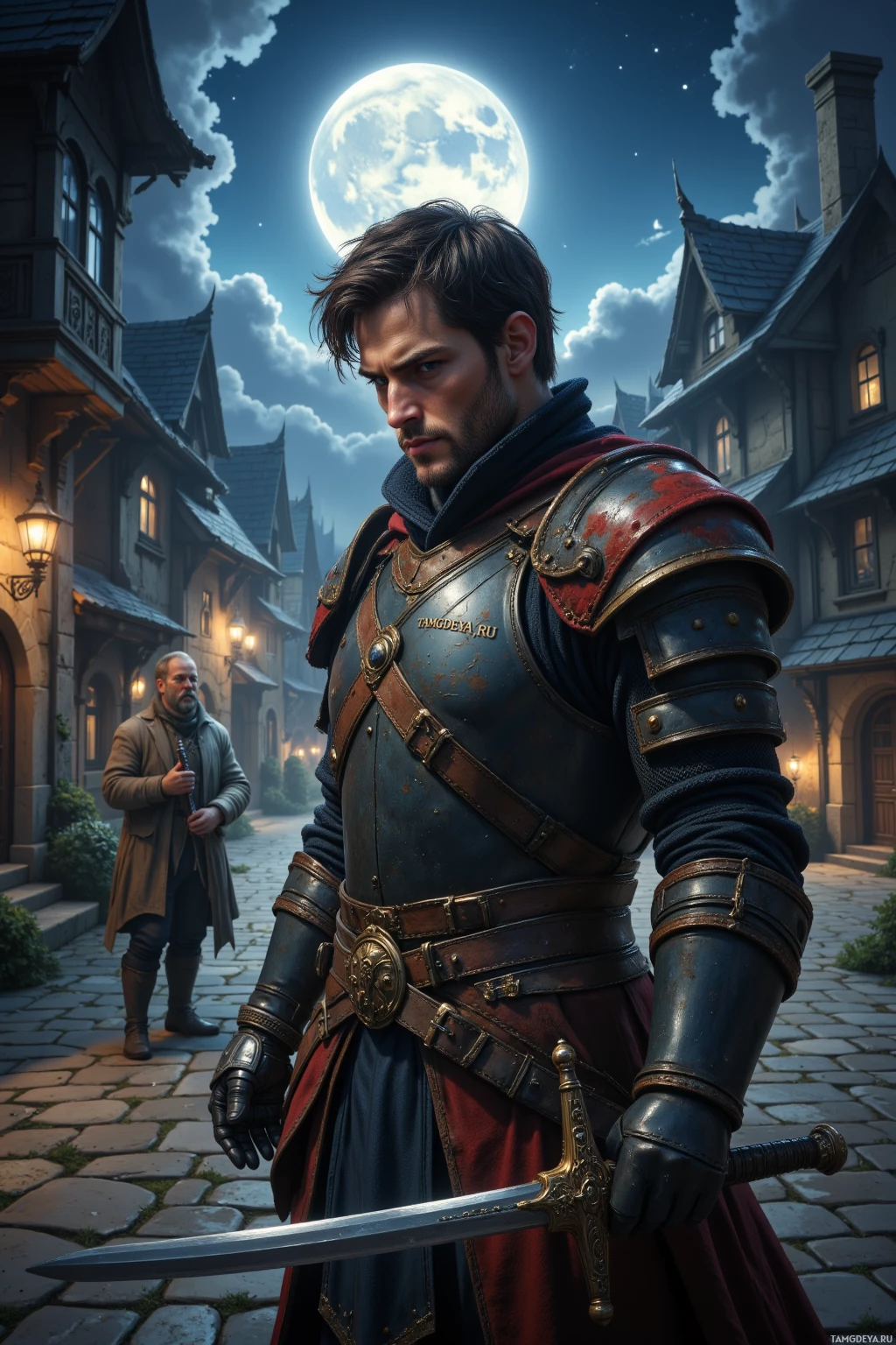 A knight in armor stands in a medieval town under a full moon.