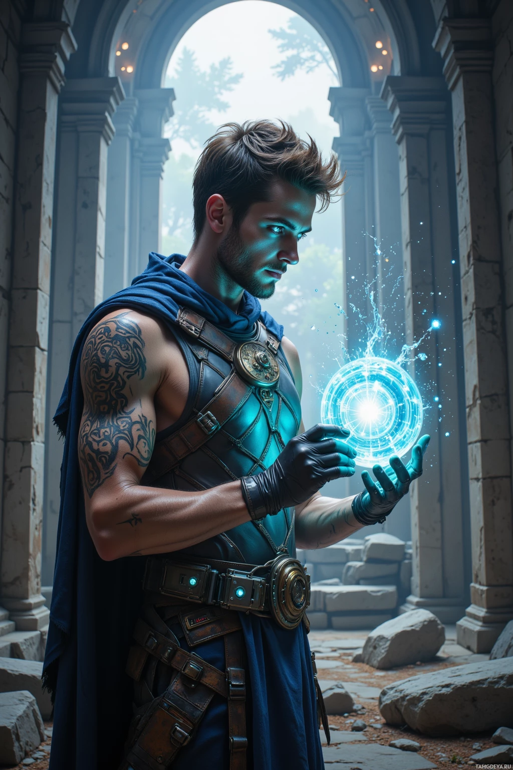 A man in a futuristic outfit holds a glowing, circular energy sphere in an ancient, stone-walled corridor.