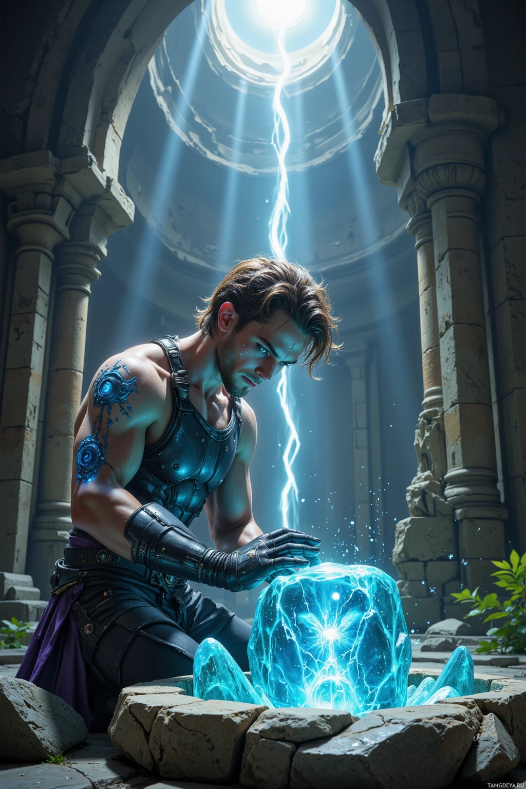 A man in a dark outfit kneels beside a glowing blue crystal in a sunlit ancient chamber.
