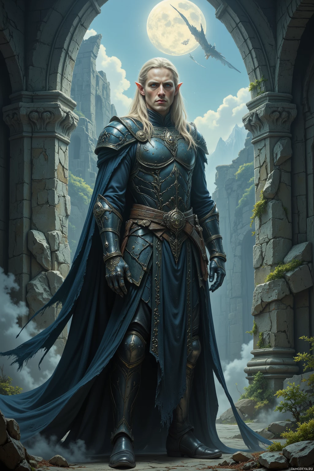 A knight in ornate armor stands in front of ancient ruins under a full moon.