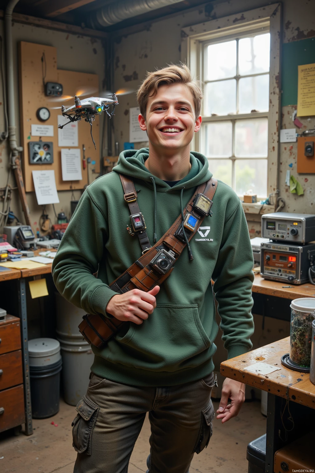 A person in a workshop setting, wearing a green hoodie and cargo pants, with a camera and other gear on a strap.