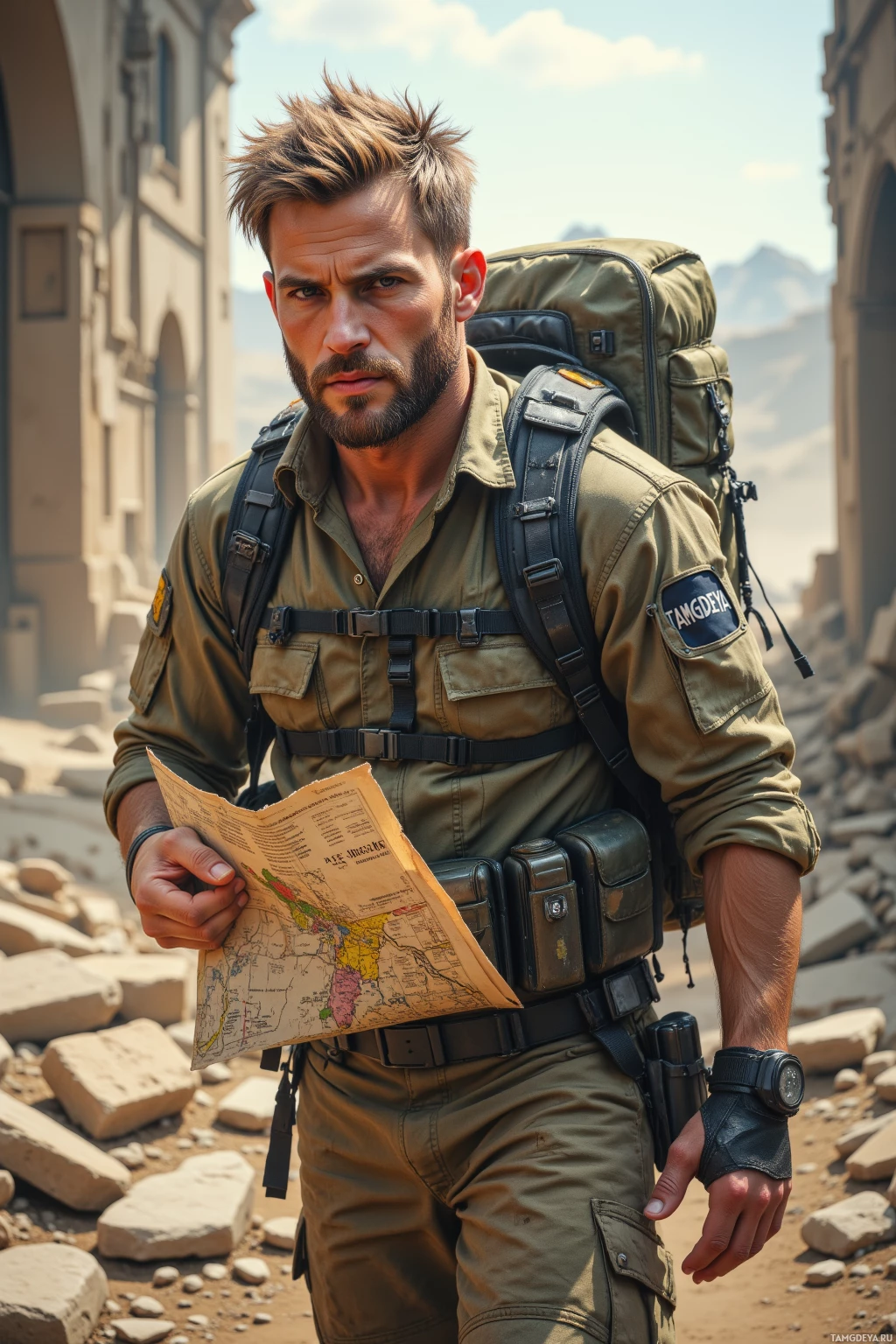 A man in military attire stands outdoors, holding a map and wearing a backpack.