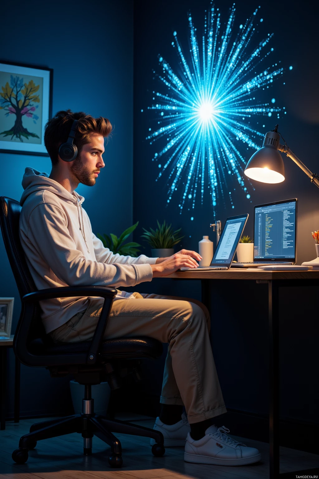 A person wearing headphones works on a laptop in a dimly lit room with a glowing blue light effect on the wall.