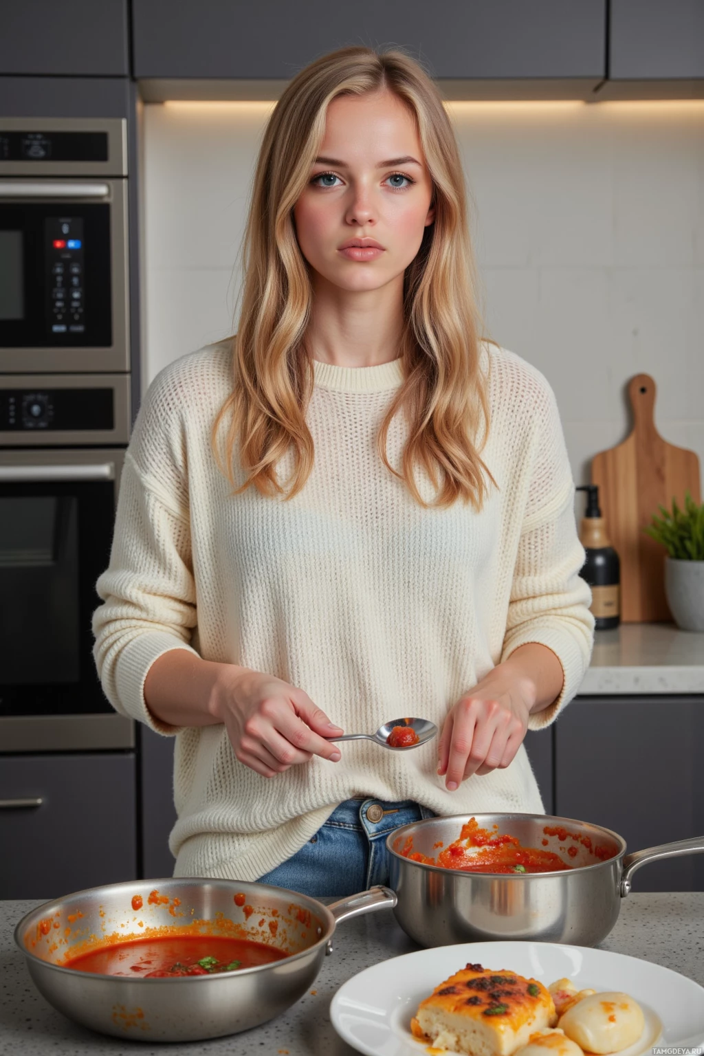 A woman in a kitchen prepares food, holding a spoon over a pot of sauce.