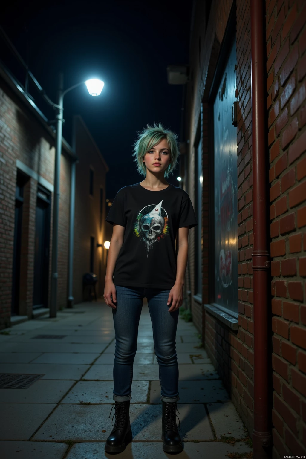 A person stands in a dimly lit alleyway at night, wearing a black t-shirt with a colorful skull design and jeans.