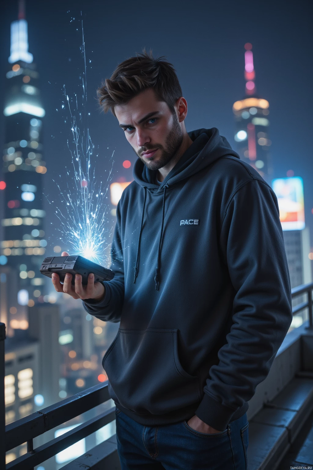 A person in a hoodie stands on a rooftop at night, holding a device emitting sparks.