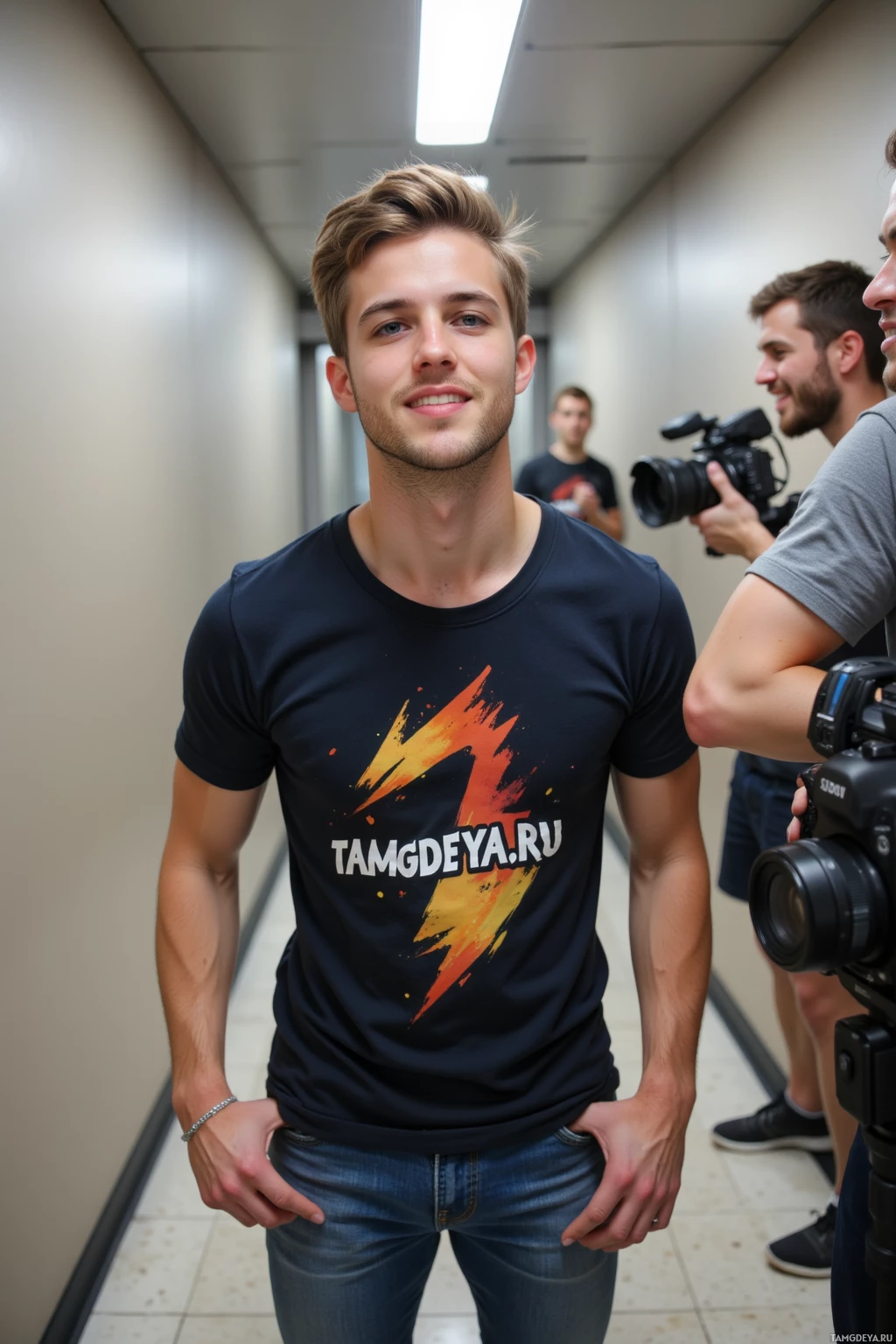 A young man in a black t-shirt with a lightning bolt design stands in a hallway, smiling.