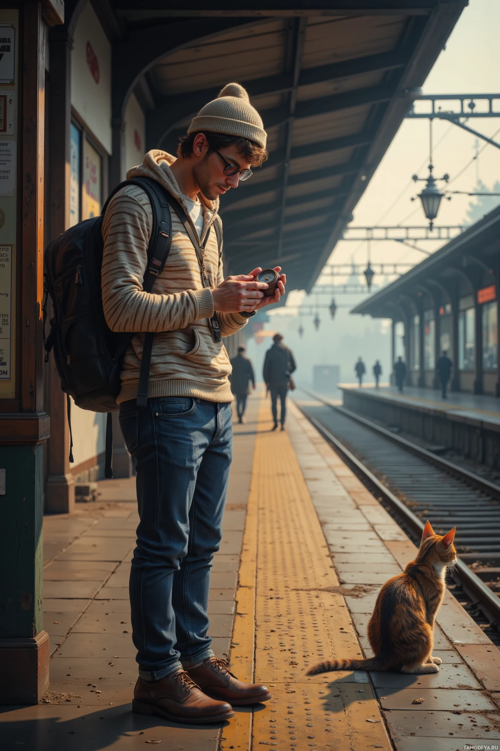 A man stands on a train platform, looking at his phone, with a cat sitting nearby.