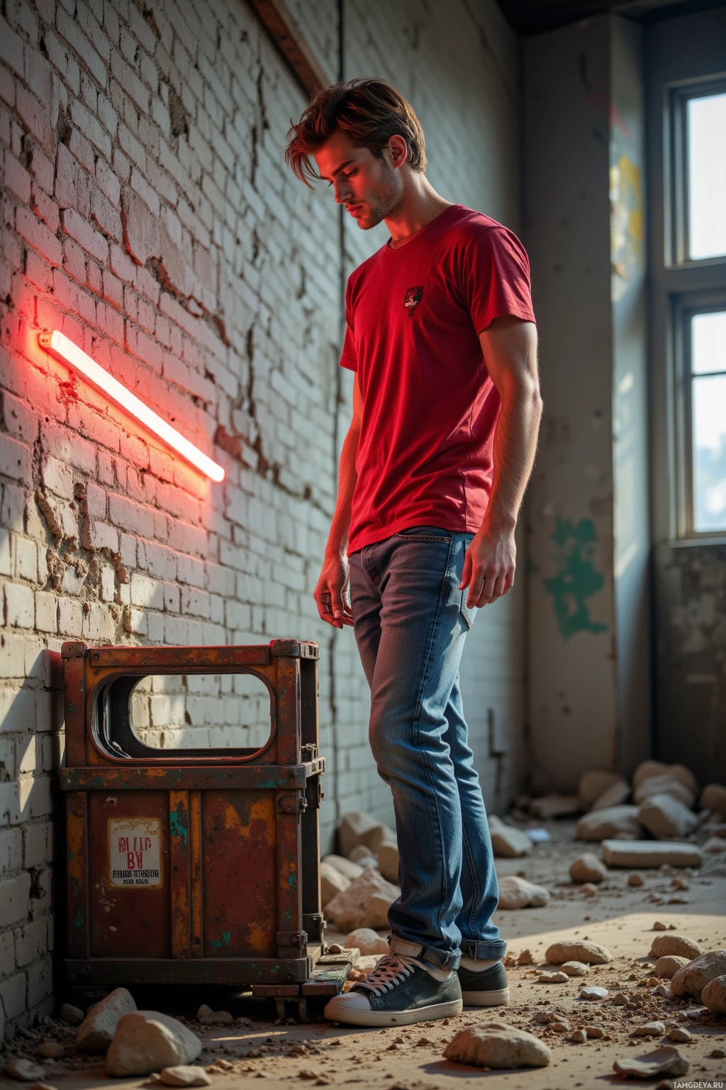 A man in a red shirt and jeans stands in a dimly lit room with a red neon light and a brick wall.
