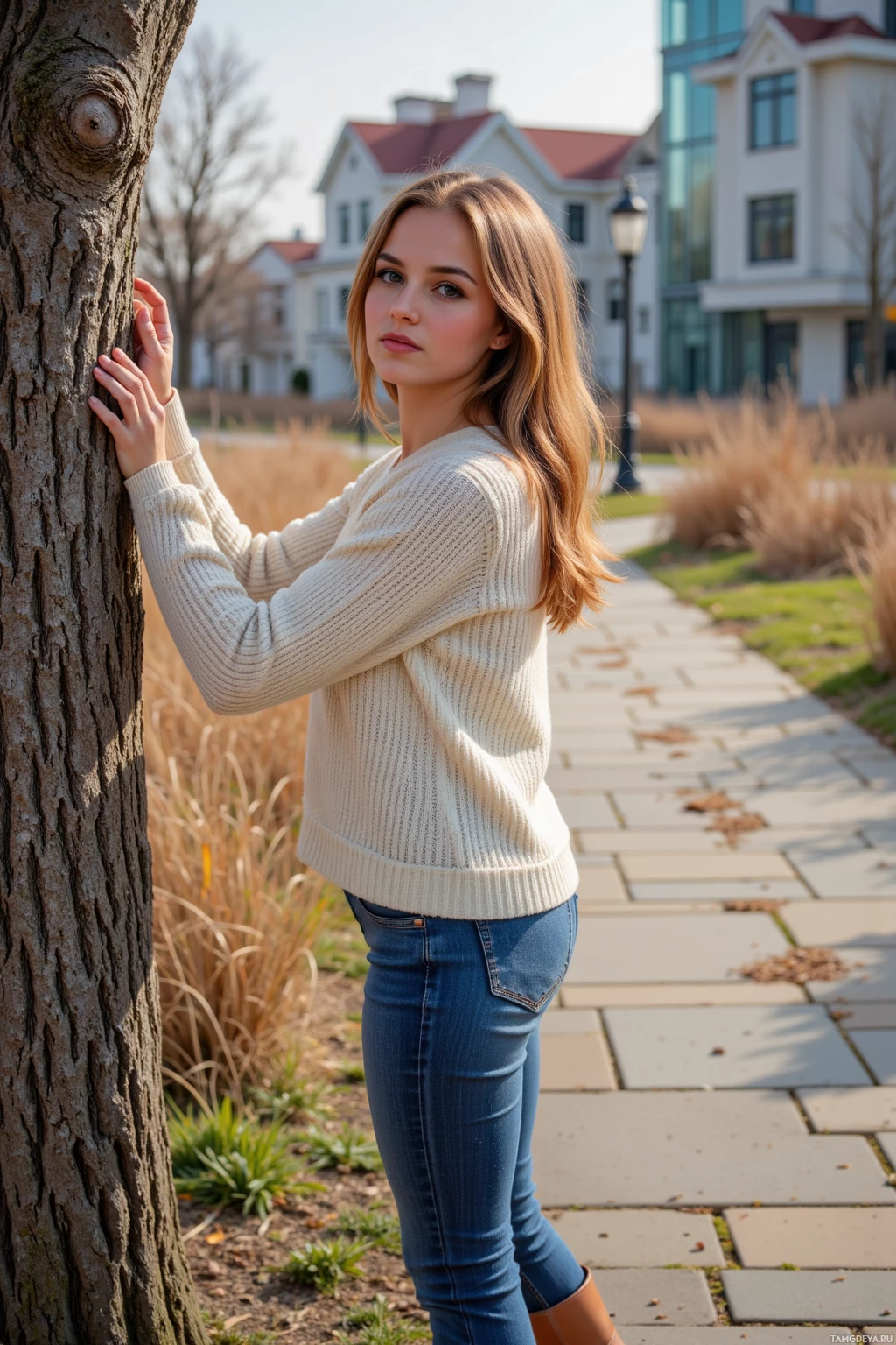 A woman in a sweater and jeans leans against a tree in a park.