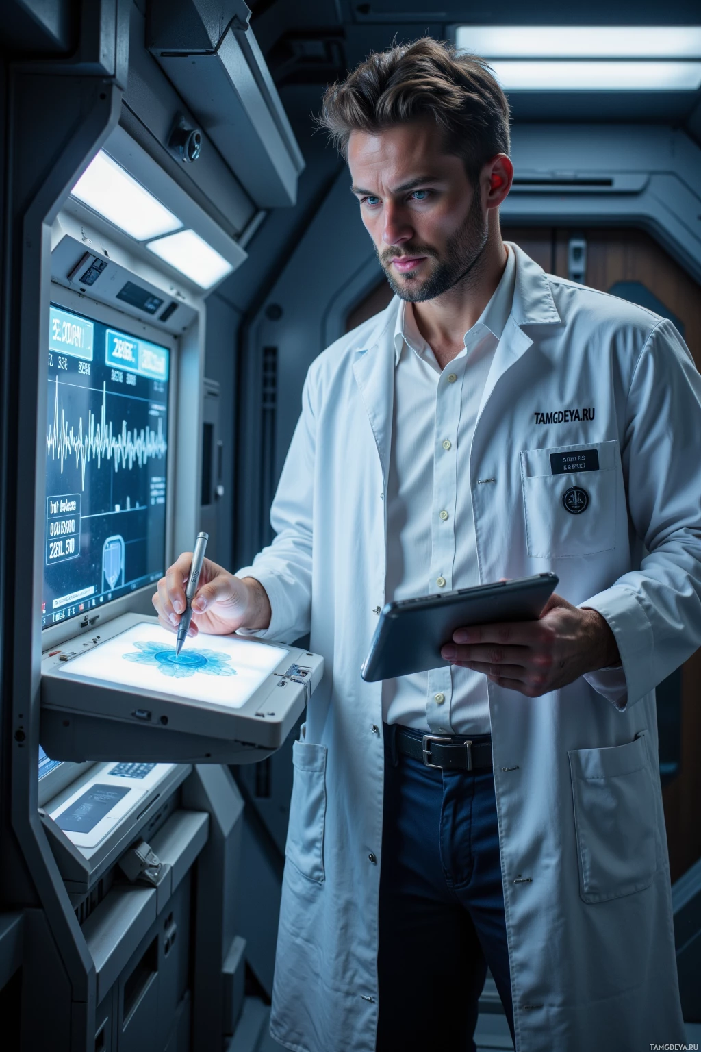 A man in a lab coat stands in a futuristic setting, holding a pen and tablet, with a monitor displaying data behind him.