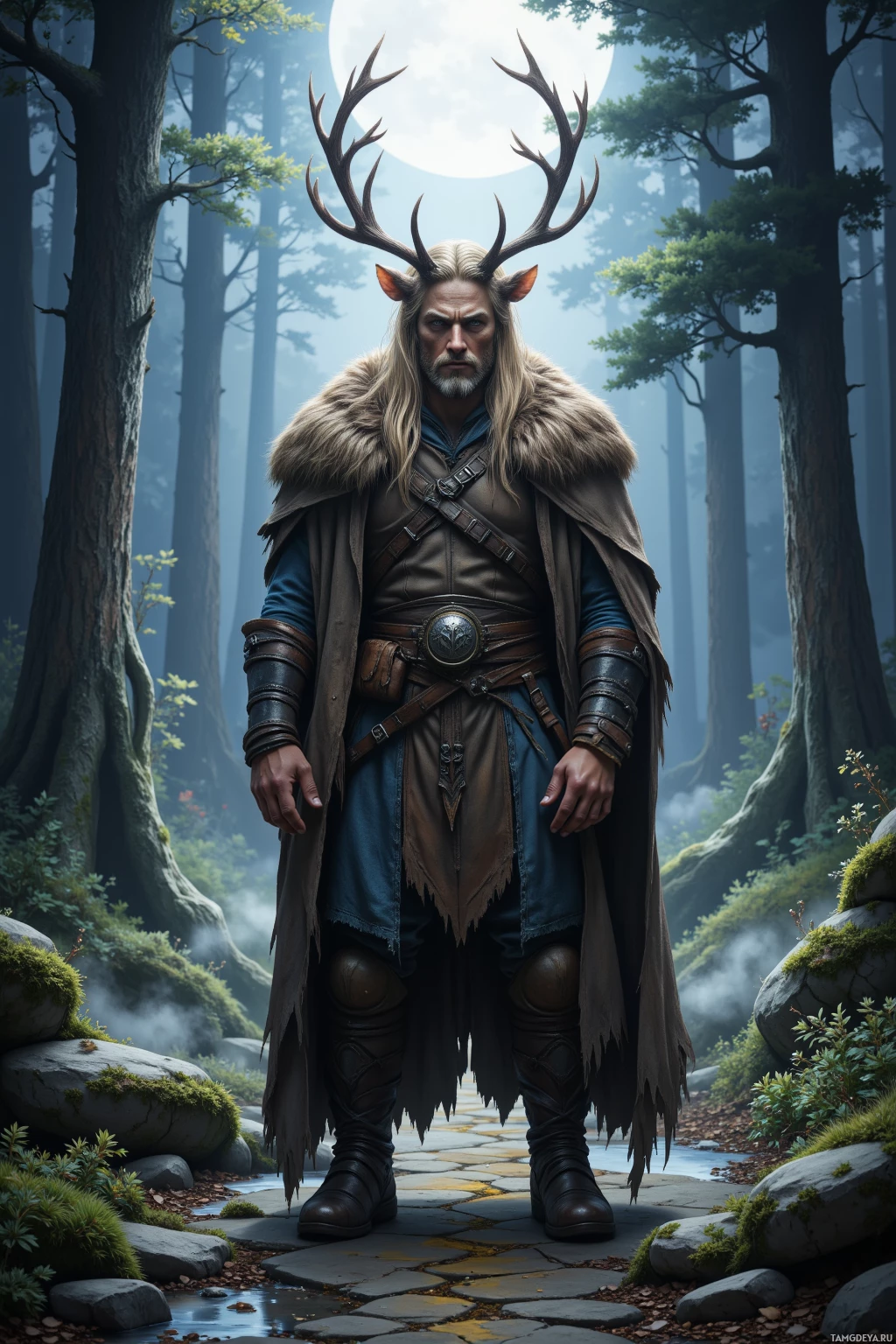 A man in a medieval-style outfit with antlers stands in a forested area.