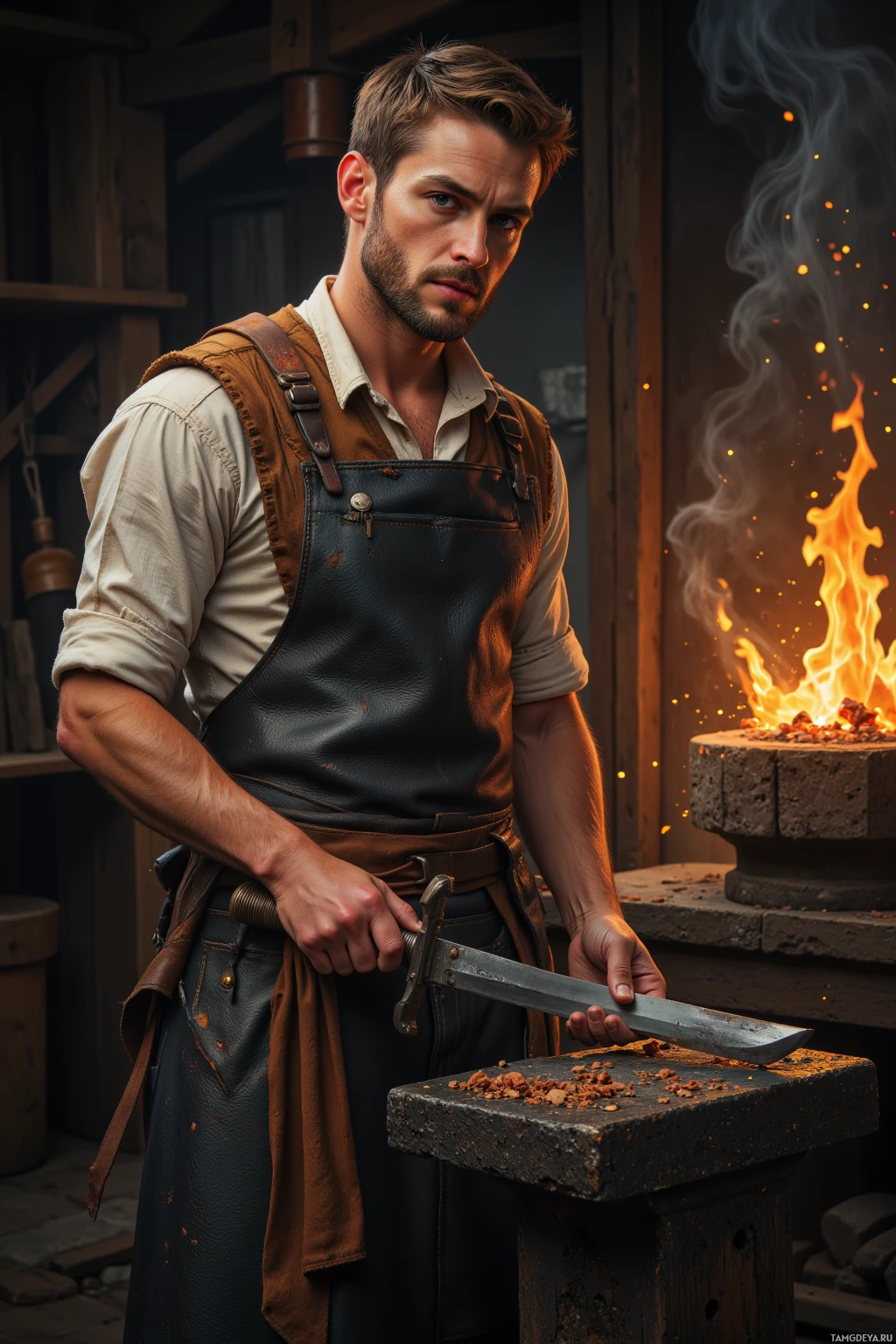 A man in a leather apron stands by a forge, holding a knife.